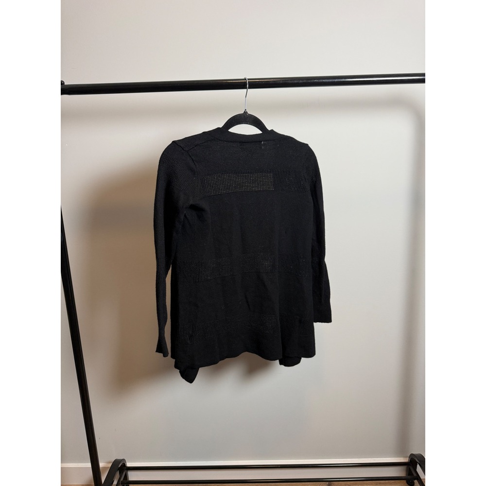 Ellen Tracy Black 100% Merino Wool Open Front Pointelle Cardigan Sweater Small